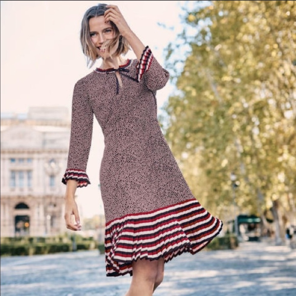 BODEN Polka Dot Lara Pleat Dress Midi Neck Tie 8